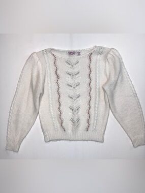 VTG Country Craft Cream Embroidered‎ Cottagecore Sweater Womens Sz Lg beaded